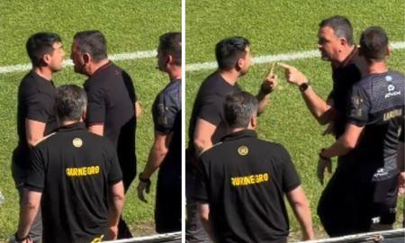Fuerte pelea entre Diego Osella y Leandro Gracián en pleno Colón vs. Deportivo Madryn Fuerte pelea entre Diego Osella y Leandro Gracián en pleno Colón vs. Deportivo Madryn