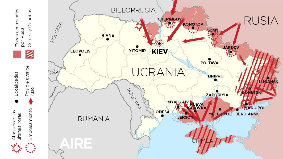 Avance ruso en Ucrania hasta el 24 de marzo del 2022, tras un mes de invasión.