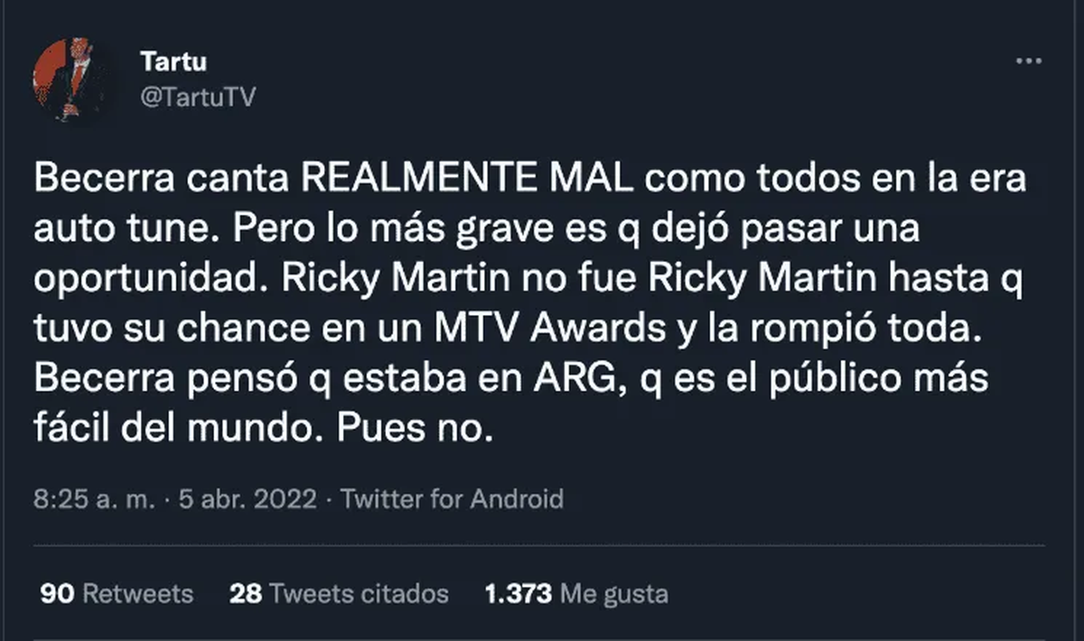 Tartu fulminó a María Becerra por su actuación en los Grammy.