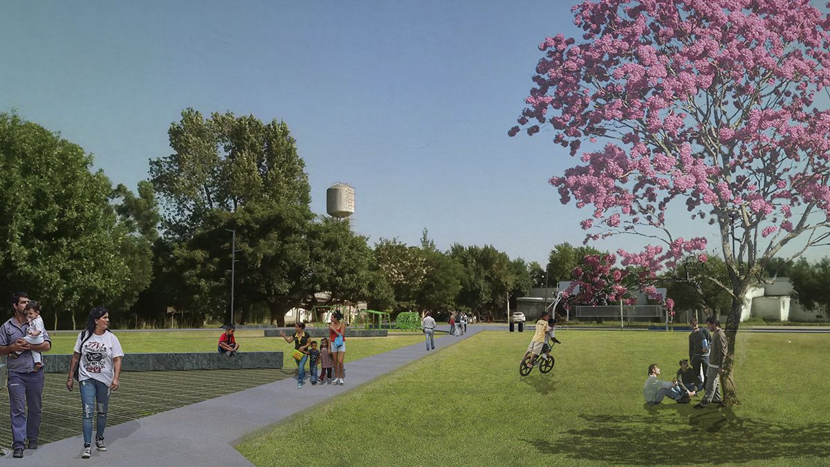 El mobiliario incluye bancos, cestos de residuos, bicicleteros y bebederos. Además de la forestación completa, brindando sombra a las circulaciones cómo a las áreas de descanso, con especies de herbáceas, árboles y arbustos.