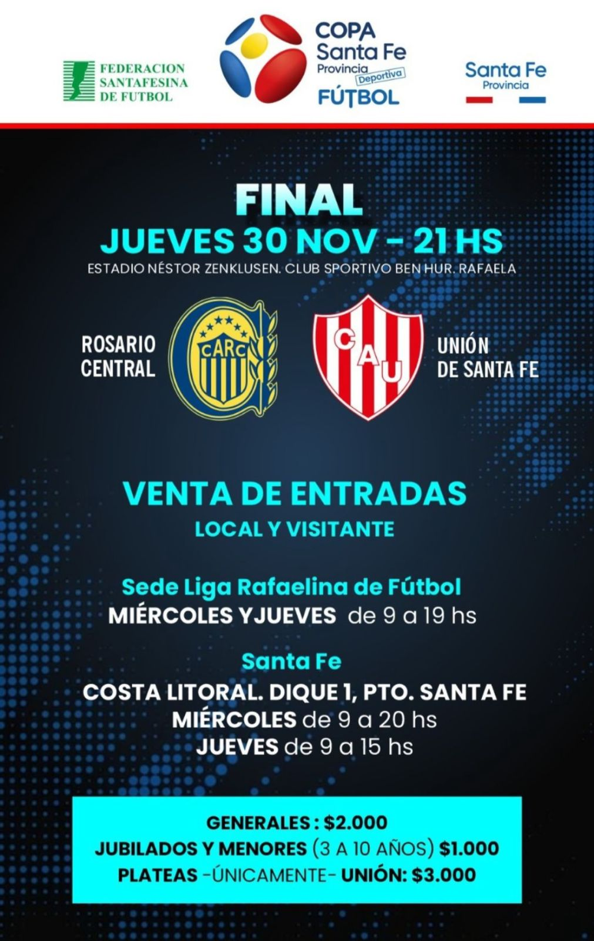 Información sobre la venta de entradas para la final de la Copa Santa Fe 2023 entre Unión y Rosario Central. Información sobre la venta de entradas para la final de la Copa Santa Fe 2023 entre Unión y Rosario Central.