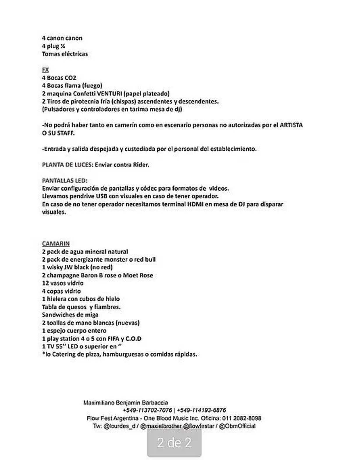 La segunda página de la lista de pedidos que L-Gante presentó un día antes del show en Venado Tuerto.