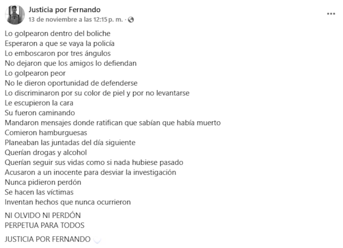 El posteo de Graciela Sosa, la mam&aacute; de Fernando.
