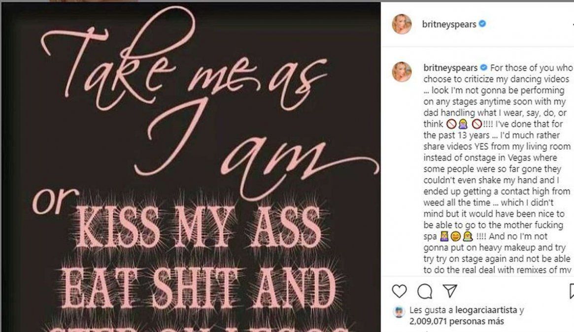 Britney Spears se expresó en Instagram.