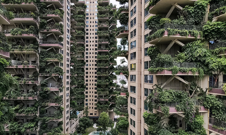 Los edificios vegetalizados de una residencia del suroeste de China, con plantas exuberantes en los balcones Los edificios vegetalizados de una residencia del suroeste de China, con plantas exuberantes en los balcones