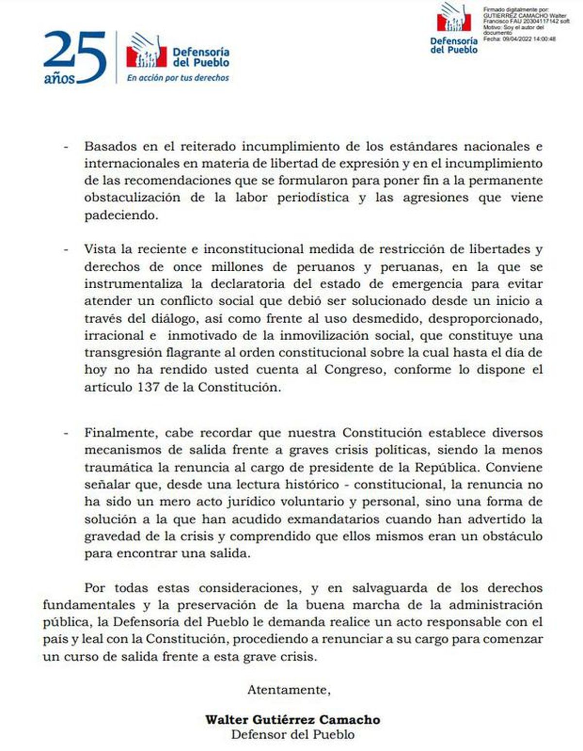El defensor del Pueblo de Perú, Walter Gutiérrez, le pidió al presidente Pedro Castillo que renuncie.