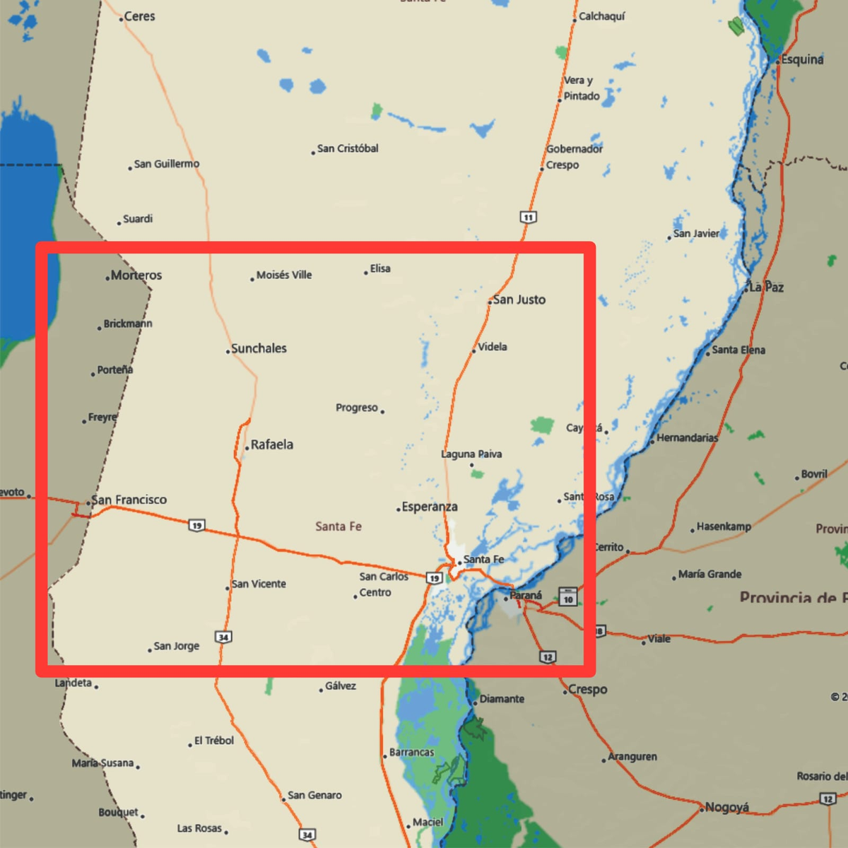 Dentro del recuadro, las localidades del centro provincial incluidas en el aviso meteorológico por tormentas. Dentro del recuadro, las localidades del centro provincial incluidas en el aviso meteorológico por tormentas.