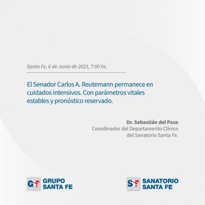 Mediante un parte médico dado a conocer este domingo, el equipo médico del centro de salud informó que el exmandatario provincial “permanece en cuidados intensivos, con parámetros vitales estables y pronóstico reservado”.