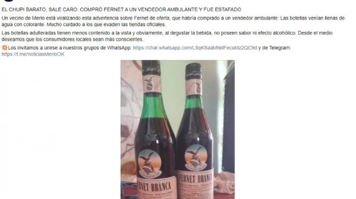 El hombre de Merlo fue estafado con dos botellas de fernet.