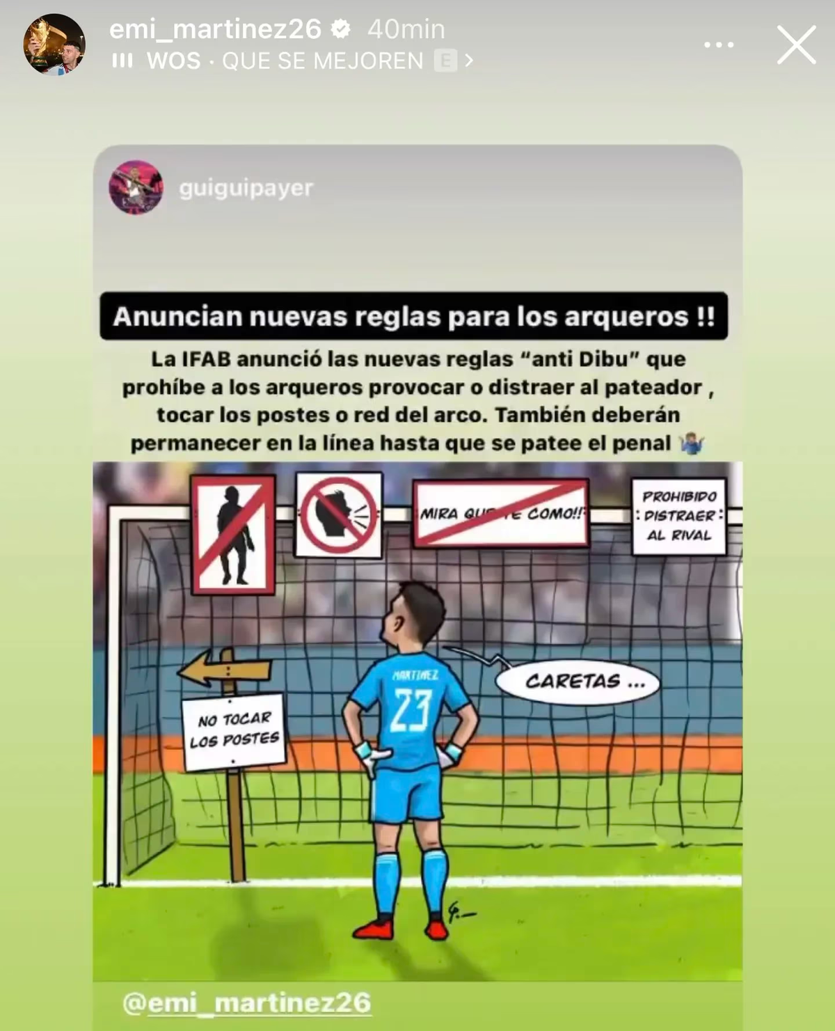 La historia en Instagram que compartió Emiliano Martínez. La historia en Instagram que compartió Emiliano Martínez.
