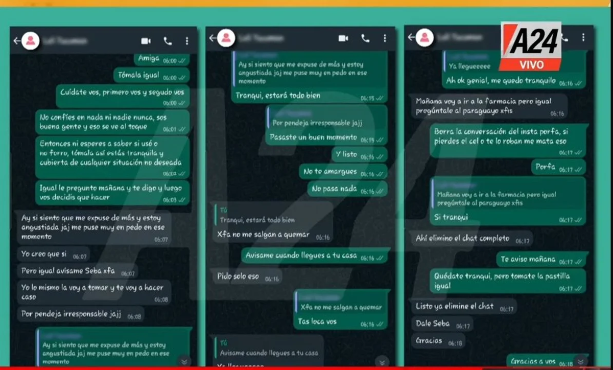 Chat entre Sebastián Sosa y la periodista denunciante. Crédito: A24. Chat entre Sebastián Sosa y la periodista denunciante. Crédito: A24.