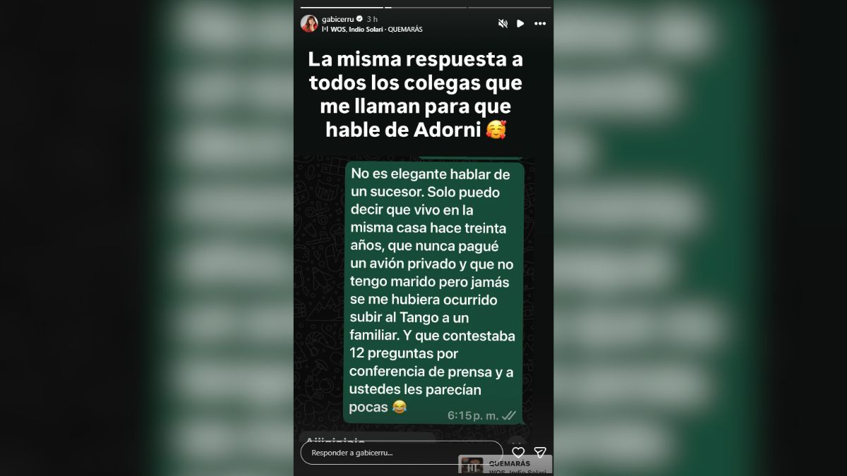A través de una historia de Instagram, Gabriela Cerruti se comparó con Manuel Adorni. A través de una historia de Instagram, Gabriela Cerruti se comparó con Manuel Adorni.