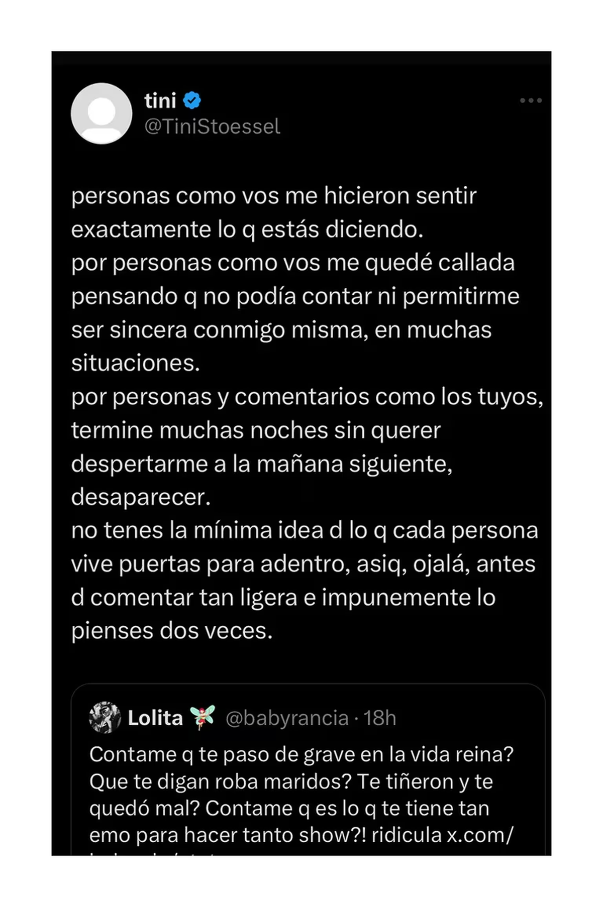 Tini decidió no quedarse callada y le contestó con contundencia a una hater por X. Tini decidió no quedarse callada y le contestó con contundencia a una hater por X.
