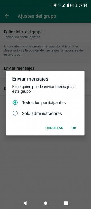 El ajuste en los grupos para que solamente puedan escribir los administradores en un grupo de WhatsApp