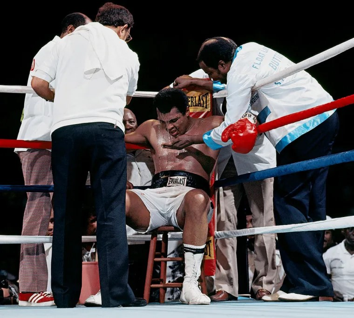 Mientras Eddie Futch, el DT de Frazier, le indicaba en el descanso entre el 14º y 15º y último round al árbitro, Carlos Padilla, que su pupilo, que había sobrepasado el límite de sus fuerzas, no seguiría peleando, el propio Ali –quien tampoco daba más–, le había pedido a su técnico, Angelo Dundee, que le cortara las cintas adhesivas y le sacara los guantes por el dolor insoportable que sentía en sus puños. Mientras Eddie Futch, el DT de Frazier, le indicaba en el descanso entre el 14º y 15º y último round al árbitro, Carlos Padilla, que su pupilo, que había sobrepasado el límite de sus fuerzas, no seguiría peleando, el propio Ali –quien tampoco daba más–, le había pedido a su técnico, Angelo Dundee, que le cortara las cintas adhesivas y le sacara los guantes por el dolor insoportable que sentía en sus puños.