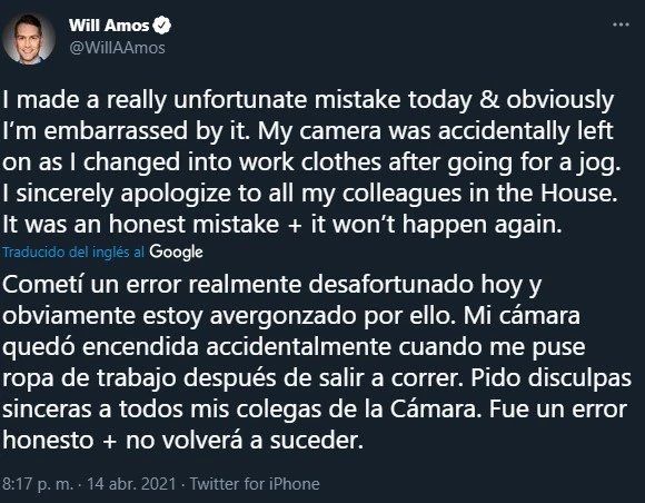 William Amos pidió disculpas por Twitter.