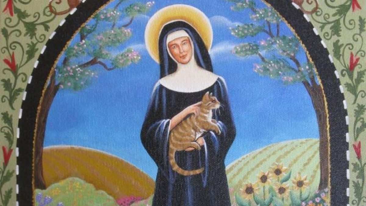 La representaci&oacute;n tradicional de Santa Gertrudis incluye gatos y ratones, simbolizando su intercesi&oacute;n contra las plagas y su rol como protectora de los hogares medievales.