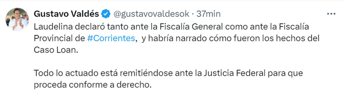 El tuit de Gustavo Valdés, Gobernador de la provincia. El tuit de Gustavo Valdés, Gobernador de la provincia.