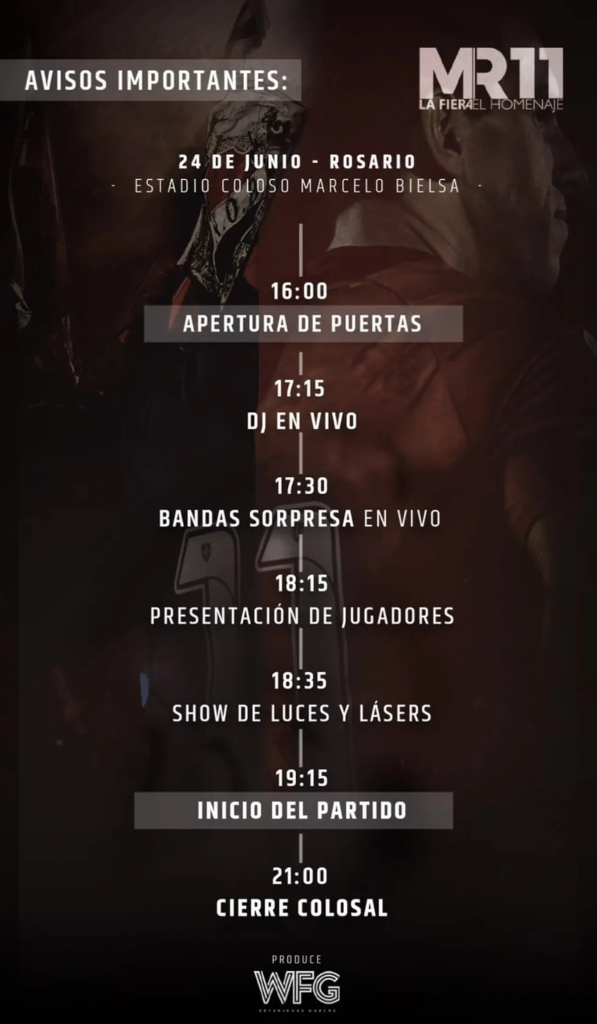 Las puertas del estadio Coloso Bielsa serán abiertas mañana a las 16 y a partir de las 18 actuarán un musicalizador y luego dos grupos musicales.