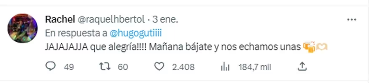 La respuesta de la vecina hizo que los usuarios piensen que van a terminar juntos (Foto: Captura Twitter/@raquelhbertol)