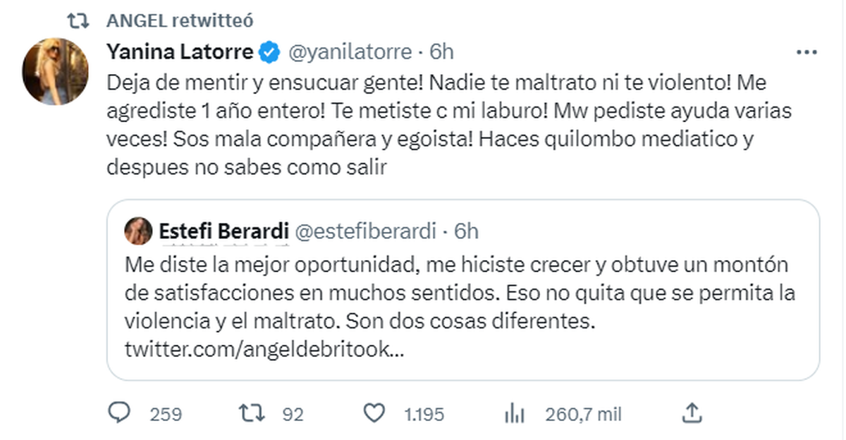 Yanina Latorre le respondió a Estefi Berardi tras sus dichos de maltrato y violencia. (Captura de Twitter).