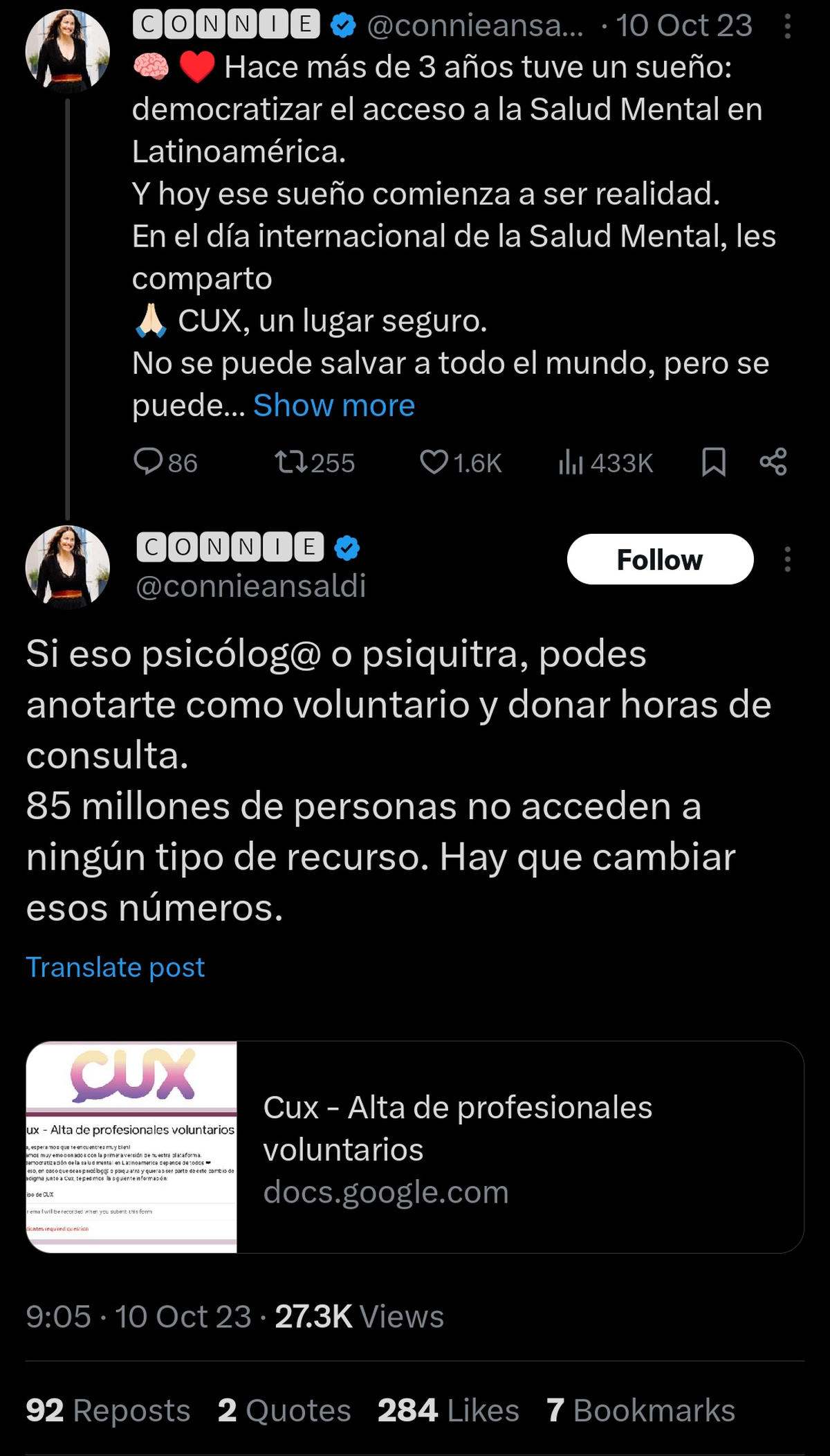 Connie Ansaldi había pedido que psicólogos "donaran" horas de consulta a su aplicación. Connie Ansaldi había pedido que psicólogos "donaran" horas de consulta a su aplicación.