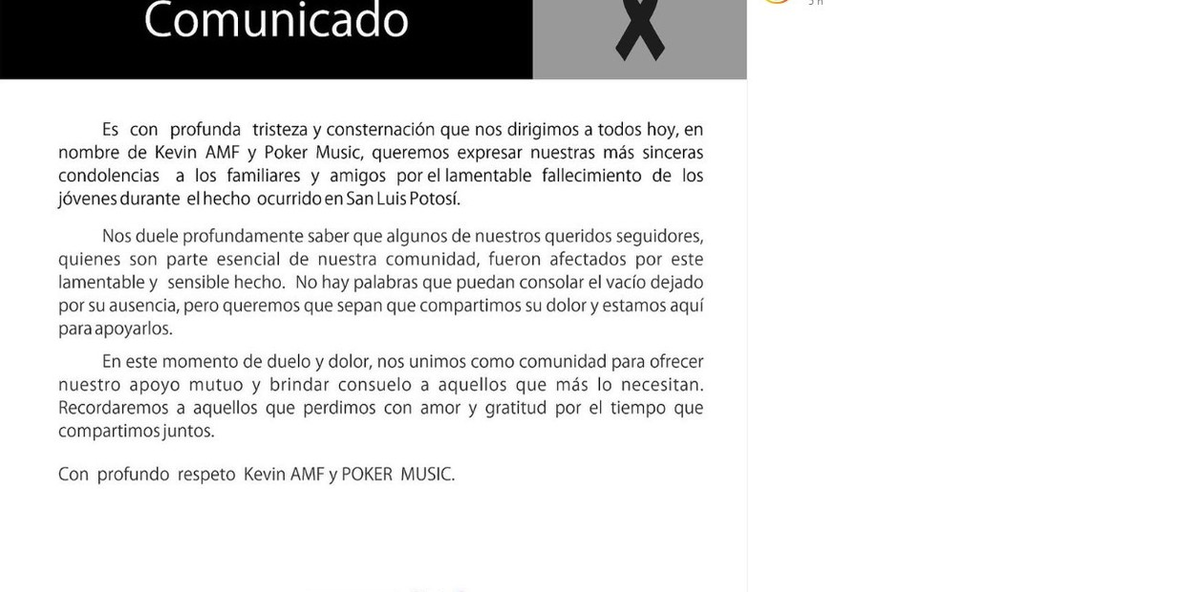 El comunicado emitido por el entorno de Kevin AMF, el cantande de corridos tumbados que tenía programado un concierto en el bar de México donde ocurrió la tragedia. El comunicado emitido por el entorno de Kevin AMF, el cantande de corridos tumbados que tenía programado un concierto en el bar de México donde ocurrió la tragedia.