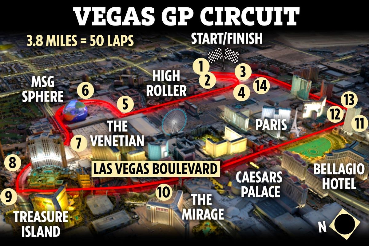 El circuito, de 6201 metros (con un ancho de entre 12 y 15 metros), se transita en sentido antihorario; tiene 14 curvas y tres rectas, dos de ellas con zonas de DRS y, tras pasar frente a los lujosos hoteles-casino, como el Venetian, el Treasure, el Mirage, el Caesars Palace, la Torre Eiffel en el Paris Las Vegas y las fuentes del Bellagio, alcanzarán los 342 km/h. El circuito, de 6201 metros (con un ancho de entre 12 y 15 metros), se transita en sentido antihorario; tiene 14 curvas y tres rectas, dos de ellas con zonas de DRS y, tras pasar frente a los lujosos hoteles-casino, como el Venetian, el Treasure, el Mirage, el Caesars Palace, la Torre Eiffel en el Paris Las Vegas y las fuentes del Bellagio, alcanzarán los 342 km/h.
