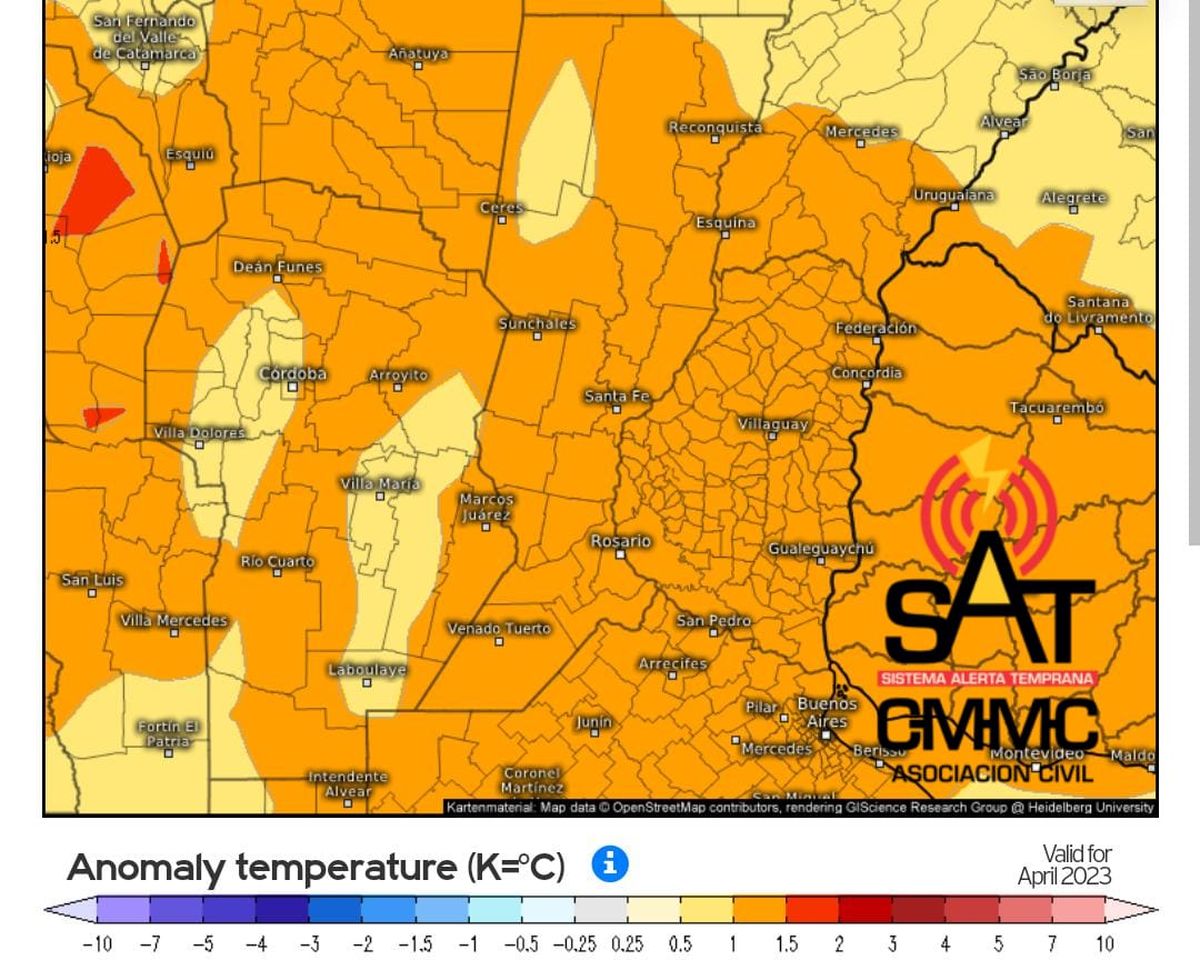 Anomalía de temperatura en Santa Fe 2023 para abril.