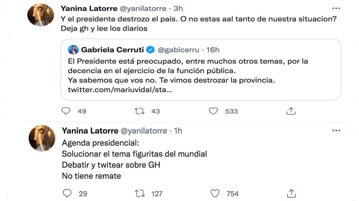 Los tweets de Gabriela Cerruti y Yanina Latorre.
