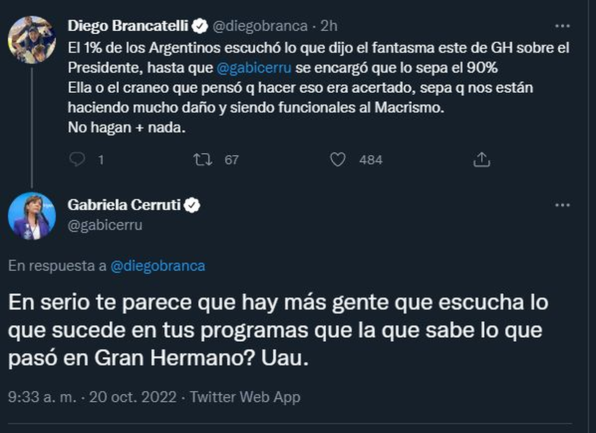 El tuit de Brancatelli y la respuesta de Cerruti.