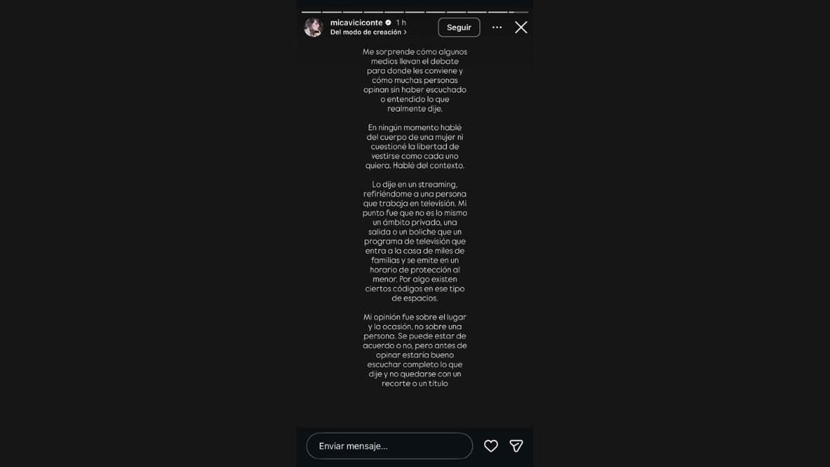 Mica Viciconte public&oacute; un extenso descargo a trav&eacute;s de sus historias de Instagram.