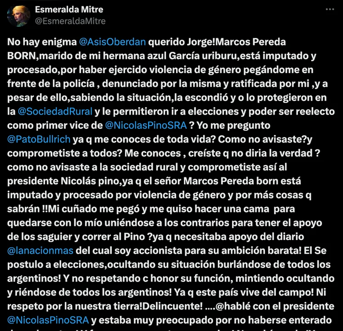 Las acusaciones de Esmeralda Mitre contra su cuñado. Las acusaciones de Esmeralda Mitre contra su cuñado.