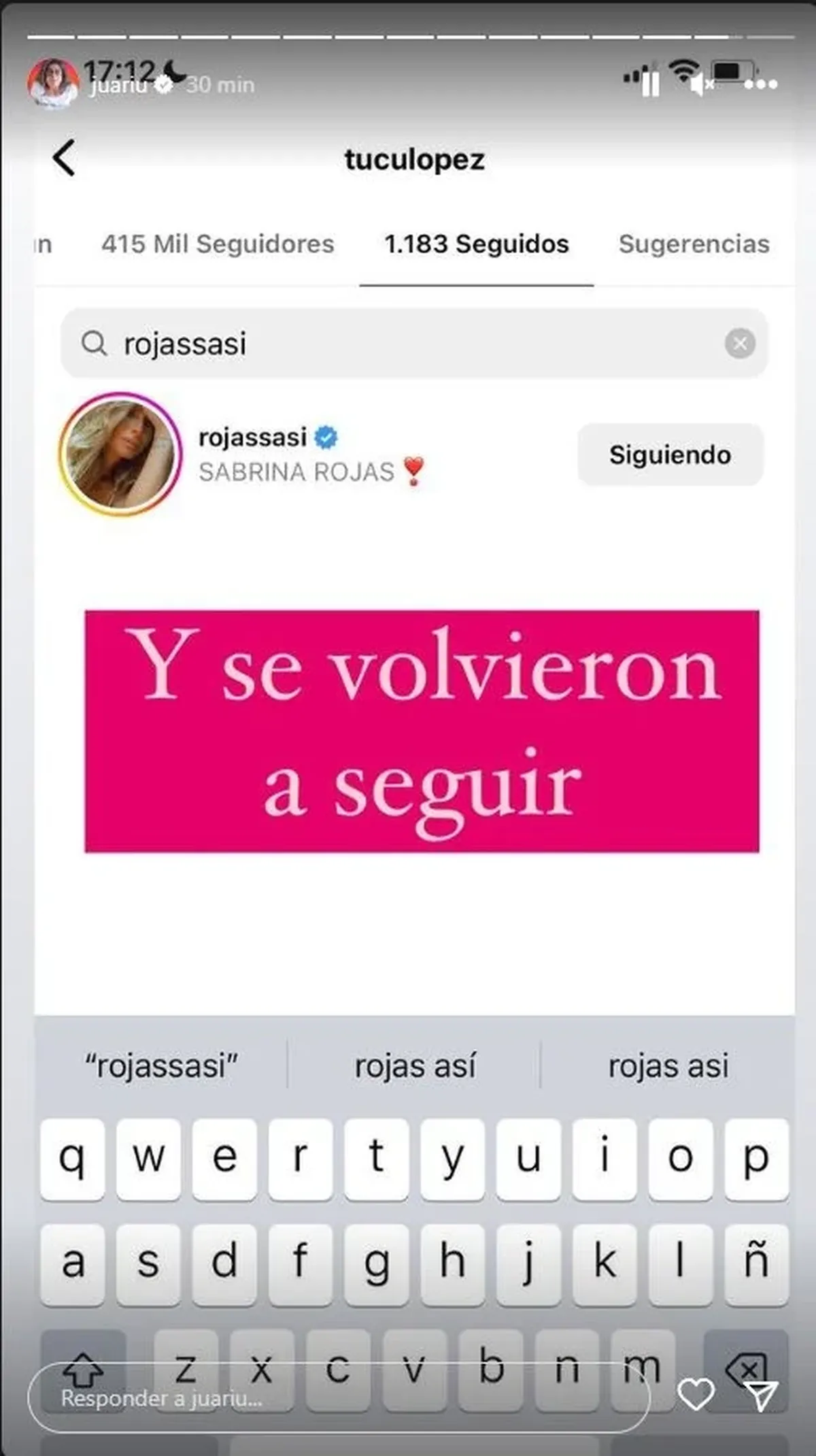 Juariu descubrió que el Tucu López volvió a seguir a Sabrina Rojas.