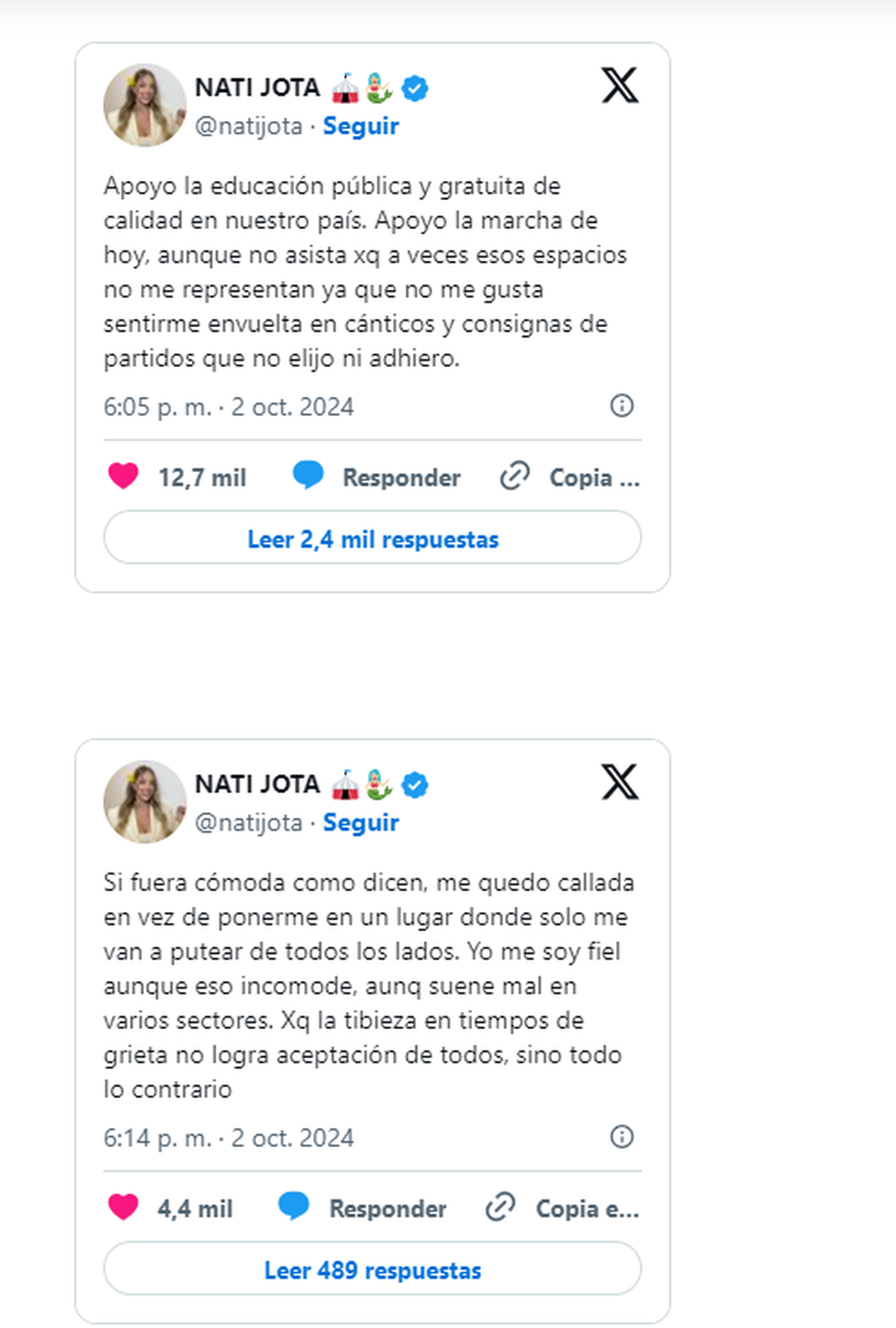 Los tuits de Nati Jota que generaron controversia. Los tuits de Nati Jota que generaron controversia. 