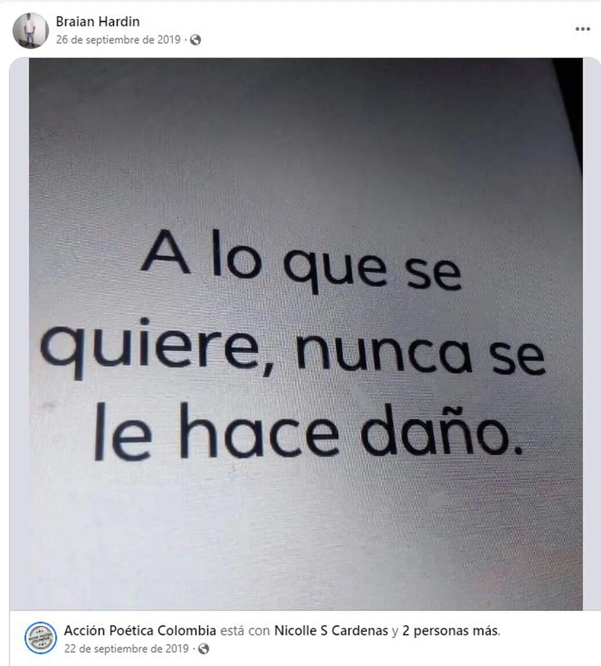 Uno de los posteos de Braian Hardin en su cuenta de Facebook. 