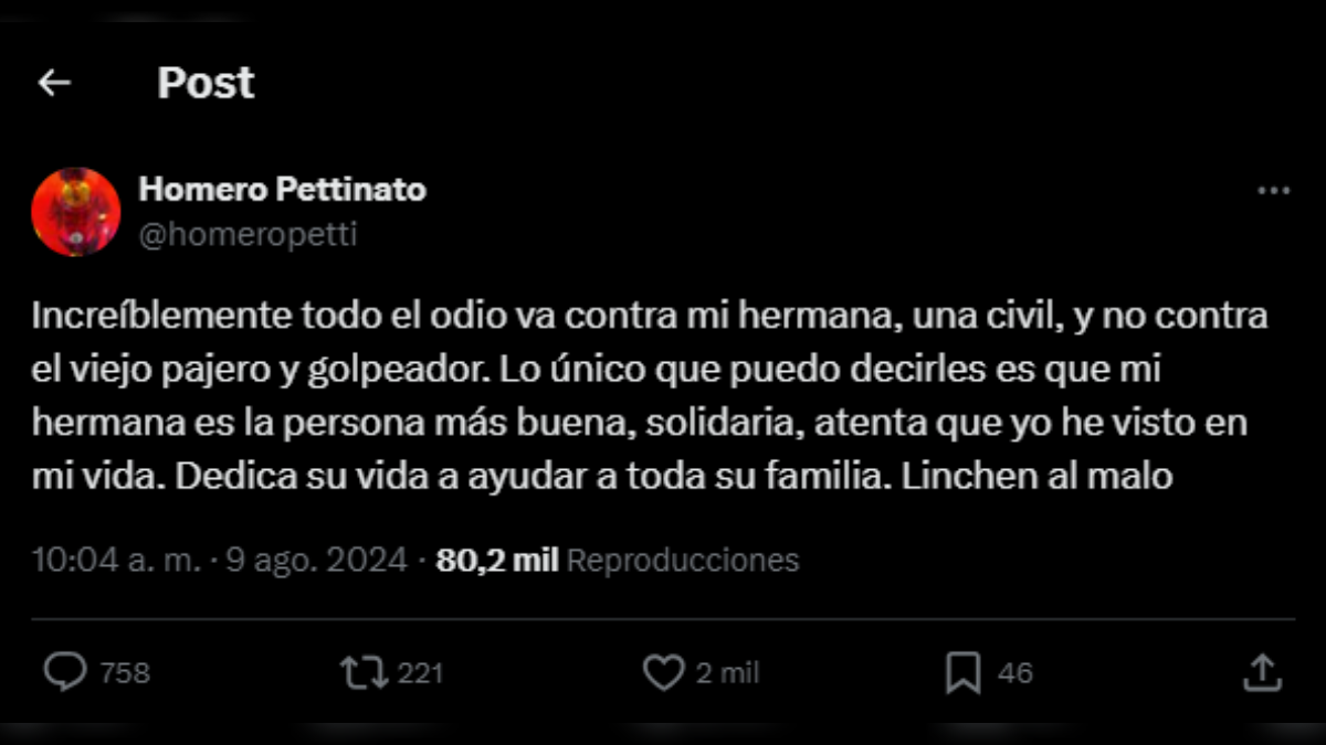 El hermano de Tamara Pettinato apuntó contra Alberto Fernández. El hermano de Tamara Pettinato apuntó contra Alberto Fernández. 