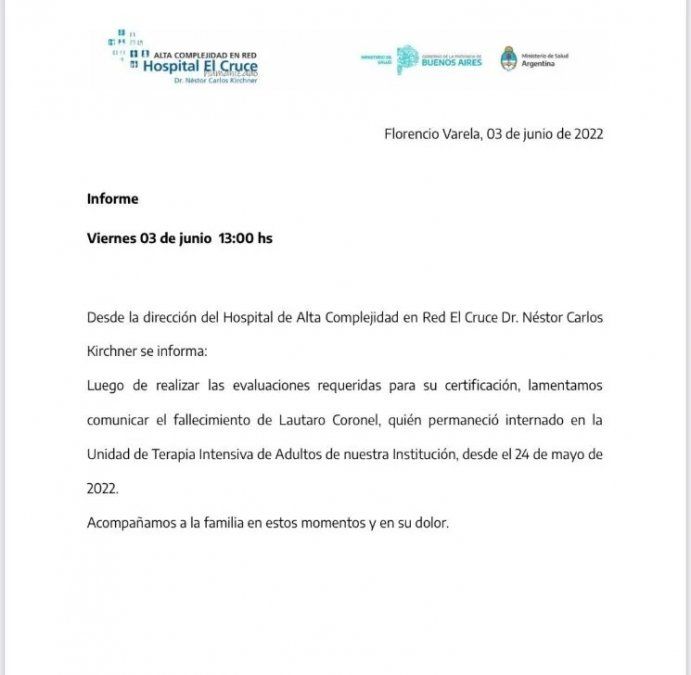 El Noba murió en el Hospital El Cruce.