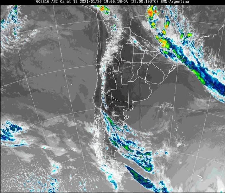 Imagen satelital del tiempo a las 19 horas del miércoles.