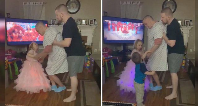 Un papá ayuda a su hija de 3 años a bailar con su abuelo que tiene Alzheimer y Parkinson