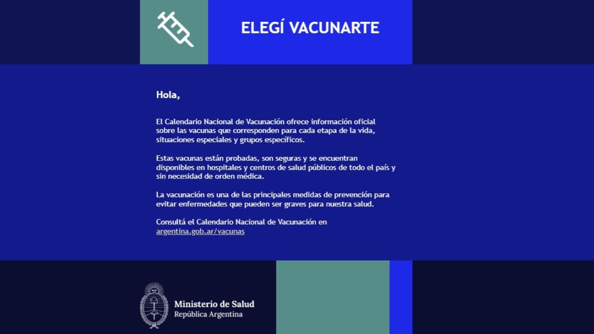 Los mensajes llegan desde direcciones que aparentan ser oficiales, como “comunicacion.argentina.gob.ar”. Incluyen logos del Estado y textos que destacan la importancia de la vacunación. Los mensajes llegan desde direcciones que aparentan ser oficiales, como “comunicacion.argentina.gob.ar”. Incluyen logos del Estado y textos que destacan la importancia de la vacunación.