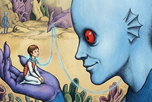 La imagen muestra a un alienígena gigante que sostiene a un ser humano como si fuera un juguete, reflejando el concepto de la fragilidad humana frente a una civilización mucho más avanzada.