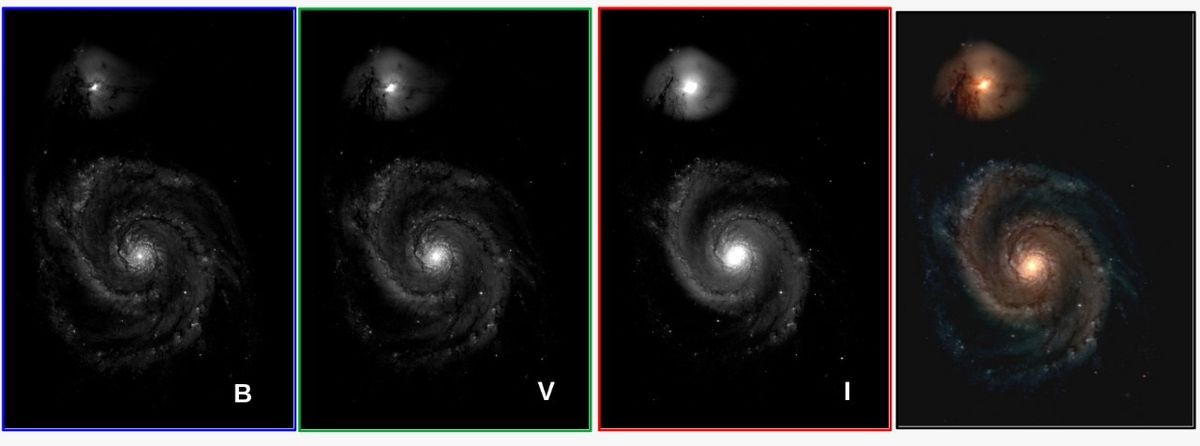 Se muestran 3 imágenes como las recibe un astrónomo. Tres bandas o 
