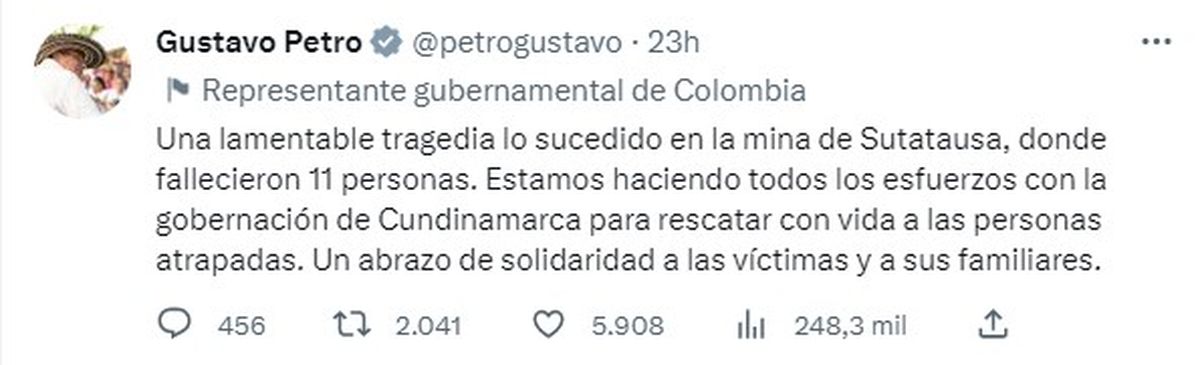 Comunicado emitido por el presidente de Colombia Gustavo Petro en su cuenta de Twitter