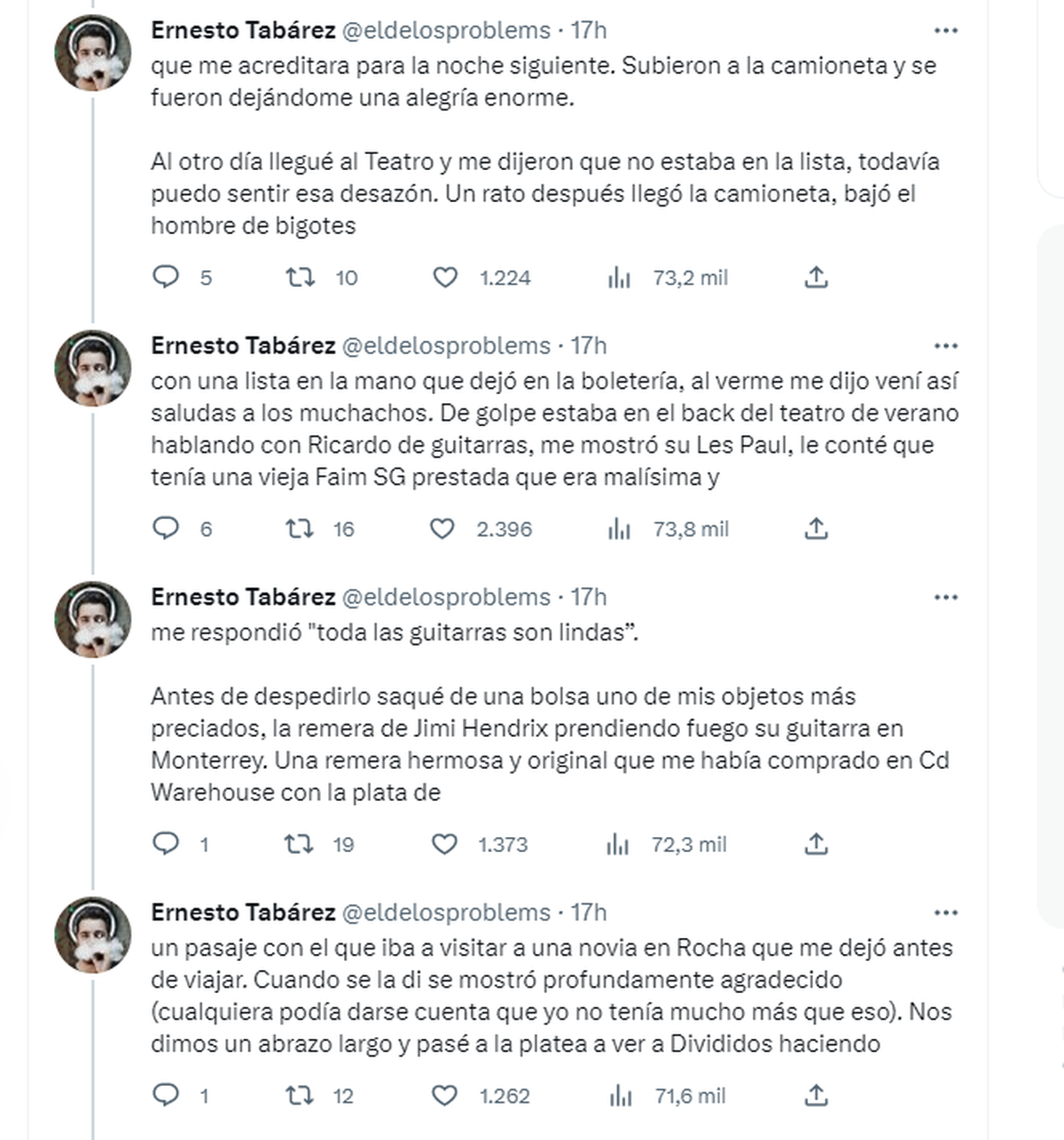 Captura del tuit donde Ernesto Tabárez, un músico uruguayo narra cómo conoció a Ricardo Mollo.