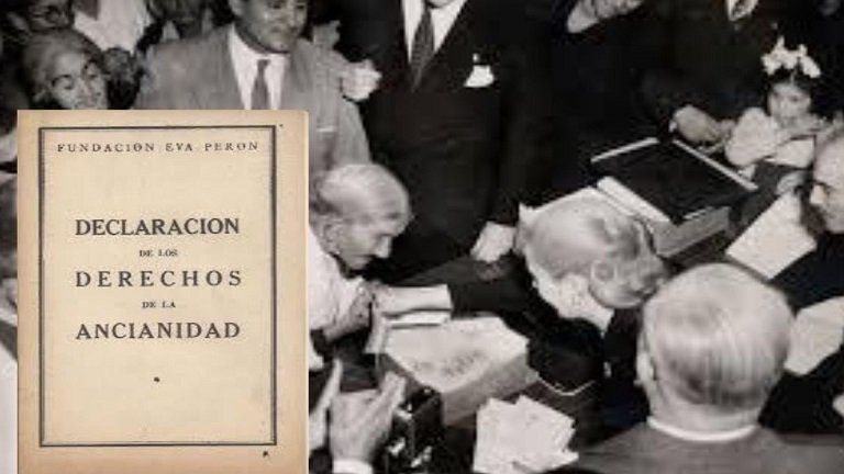 Eva Perón escribió y anunció el 28 de agosto de 1948, el «Decálogo de la Ancianidad», una lista de derechos de las personas mayores que fueron incorporados luego en la Constitución en 1949.