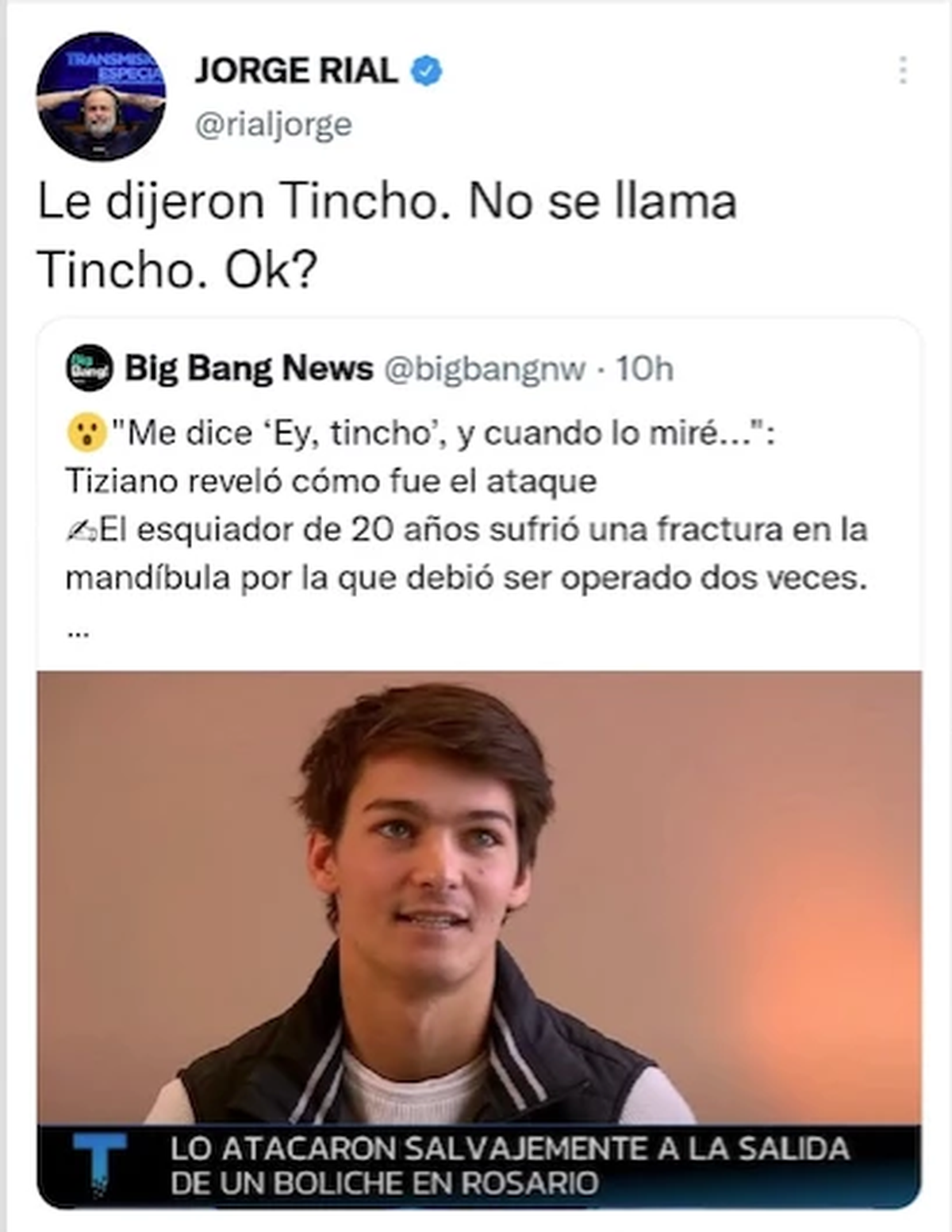 EL TUIT DE JORGE RIAL CONTRA EL DESCUIDO VERBAL DE FLORENCIA DE LA VE LLAMANDO "TINCHO" A TIZIANO GRAVIER. 