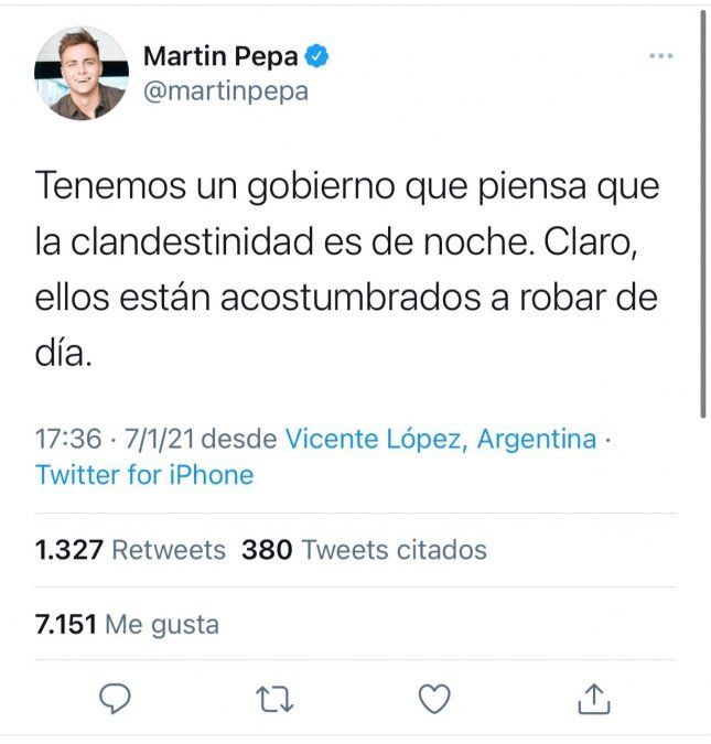 Martín Pepa, el ex Gran Hermano, apuntó contra las restricciones del gobierno. 