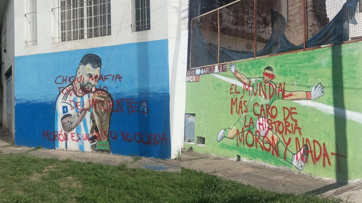 Vandalizaron murales de Messi y Dibu Martínez con pintadas contra Chiqui Tapia tras la eliminación de Morón