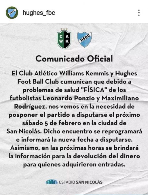 El comunicado oficial sobre el partido entre los clubes de Leo Ponzio, Maxi Rodríguez y Scocco.